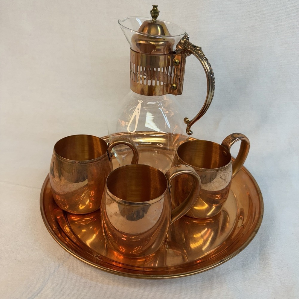 Vintage Princess House Copper & Glass Coffee Tea Carafe Set Matching Mugs & Tray